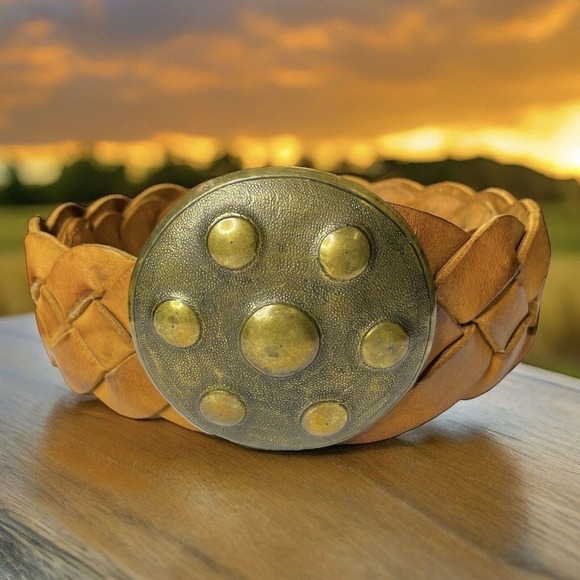 Four Winds Accessories - VTG Four Winds Braided Woven Leather Belt Western Brass Concho Buckle Morocco